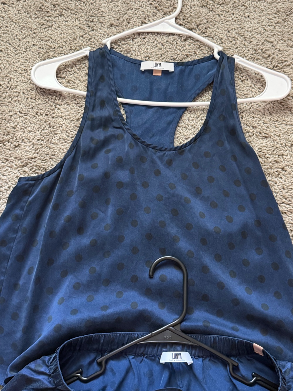 Lunya Washable Silk Tulip Back Pajama Set S Navy Polka Dot